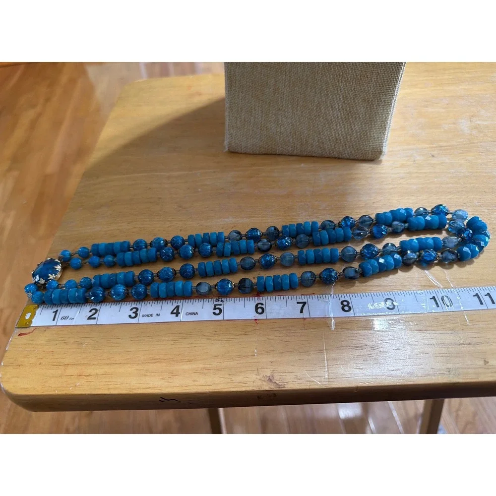 Blue Multi Tone Double Strand Beaded Necklace Vintage Style Gold Layering Boho